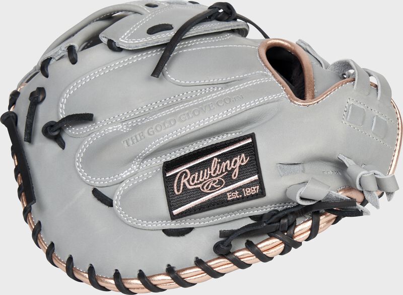 Back of a gray 34-Inch Liberty Advanced Color Series catcher's mitt with a black Rawlings patch - SKU: RLACM34FPGRG