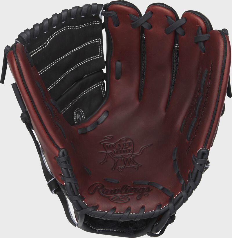 Burgundy palm of a Rawlings Heart of the Hide infield/pitcher's glove with black laces and black web - SKU: PRO1000-9PBM