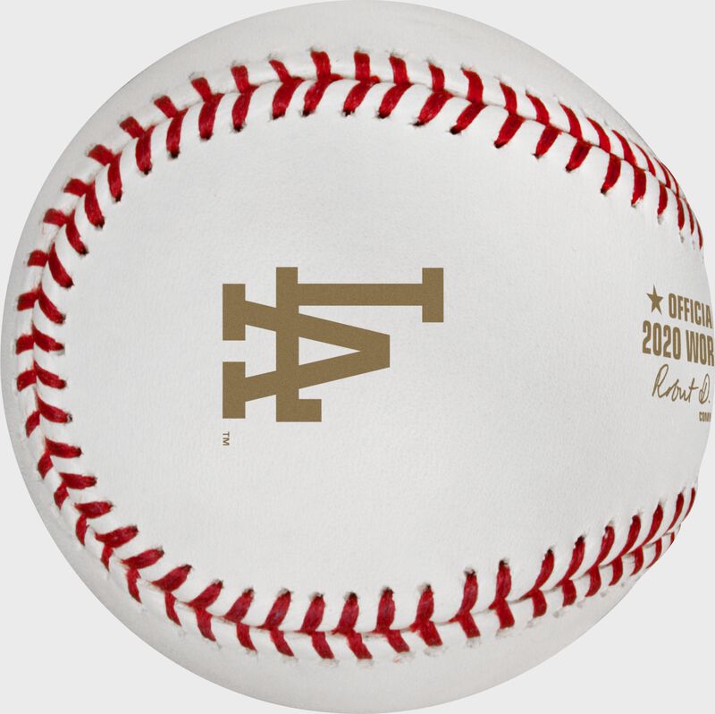 The Los Angeles Dodgers logo stamped in gold on a World Series dueling baseball - SKU: EA-WSBB20DL-R