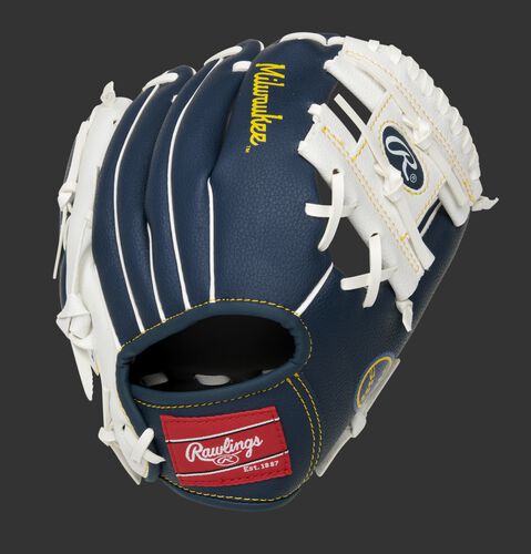 Back of a navy/white Milwaukee Brewers 10-inch I-web glove with a red Rawlings patch - SKU: 22000006111