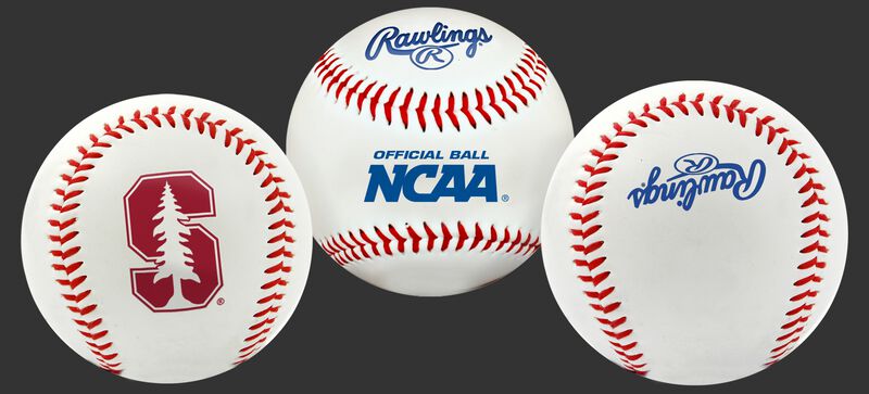 3 views of a NCAA Stanford Cardinals baseball with a team logo, NCAA logo and Rawlings logo
