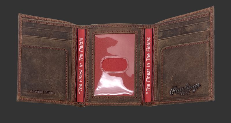 Inside of a brown tri-fold high grade debossed wallet with a clear ID window in the center - SKU: RPW005-200