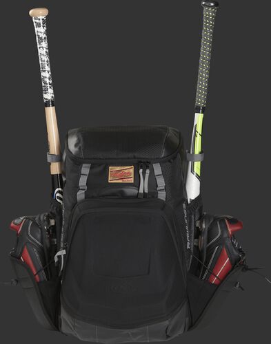 Front of a black R1000 Gold Glove Equipment bag with two cleats and two bats in the side compartments