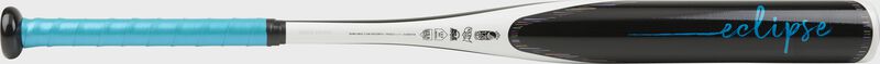 Barrel of a white/black FPZE12 Rawlings 2020 Eclipse fastpitch softball bat with blue grip