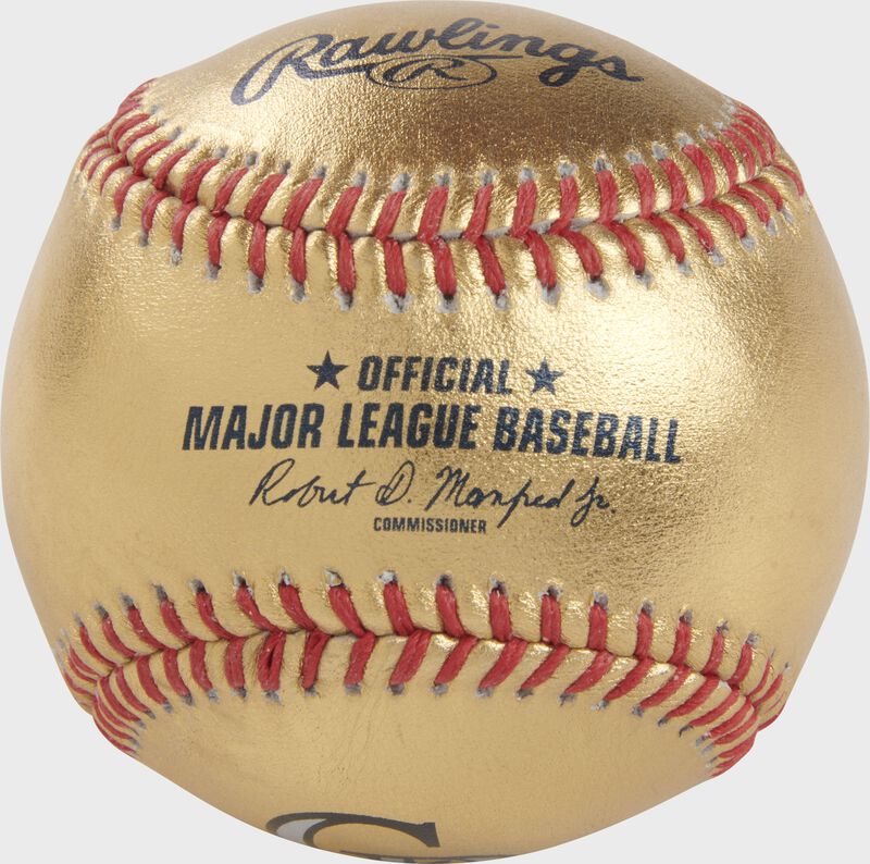 A Colorado Rockies Rawlings Gold MLB team baseball with the official ball MLB stamp - SKU: RSGEA-GOLDCOL-R