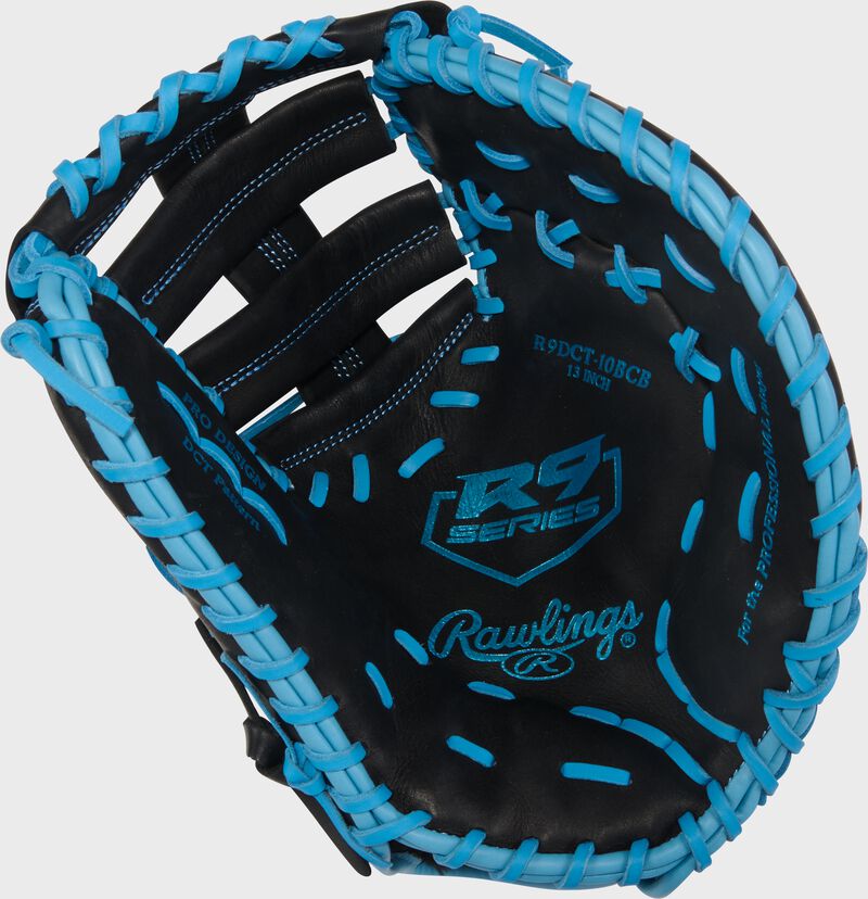 Black palm of a R9 Series 13-Inch 1st Base Mitt with Columbia blue stamping and laces loading=