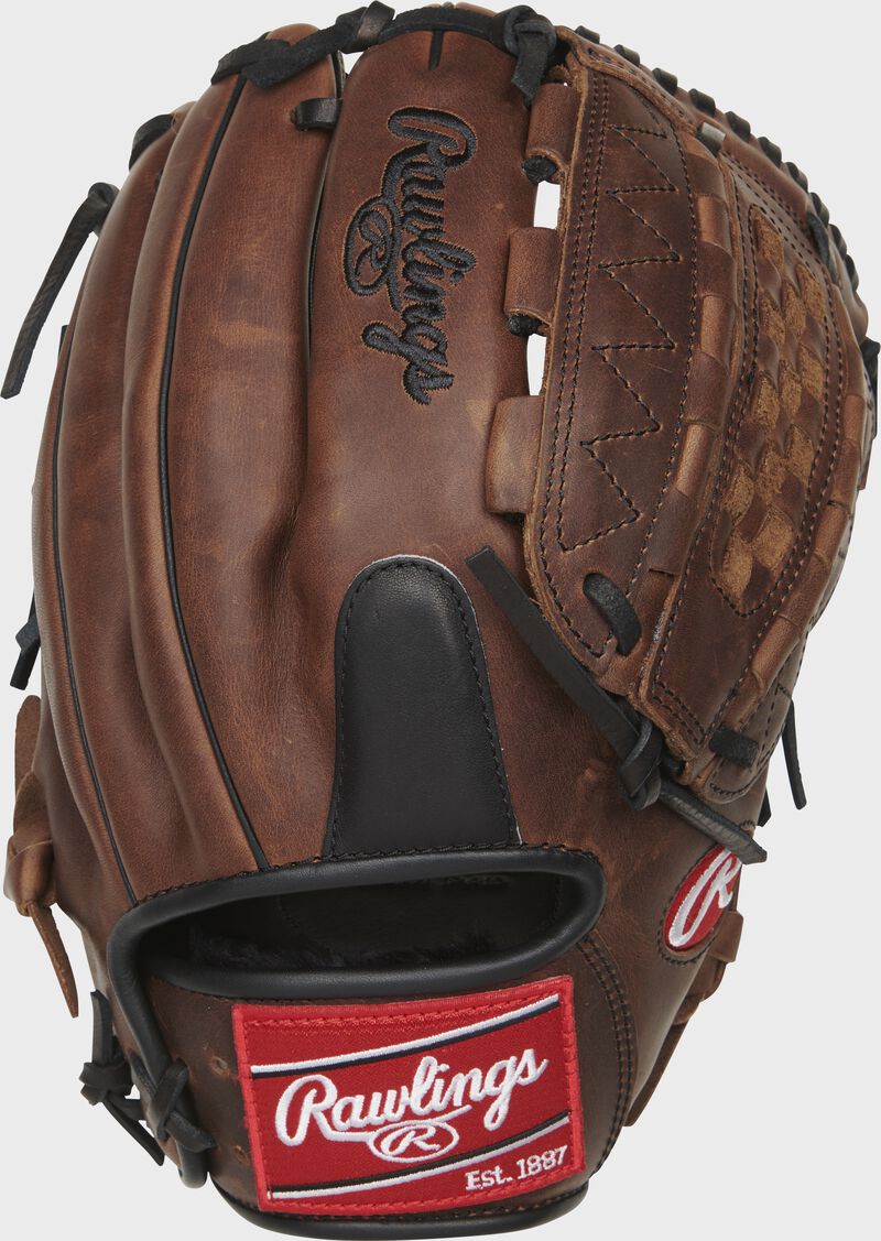 Sandlot back of a 12.25-inch Heart of the Hide vertical hinge web glove with a red Rawlings patch - SKU: PRO1000-14SLPRO