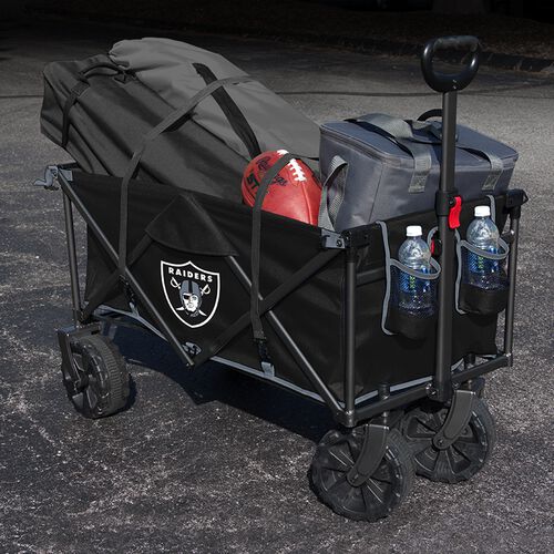An Oakland Raiders wagon filled with a tent, football chairs and cooler SKU #00931072519