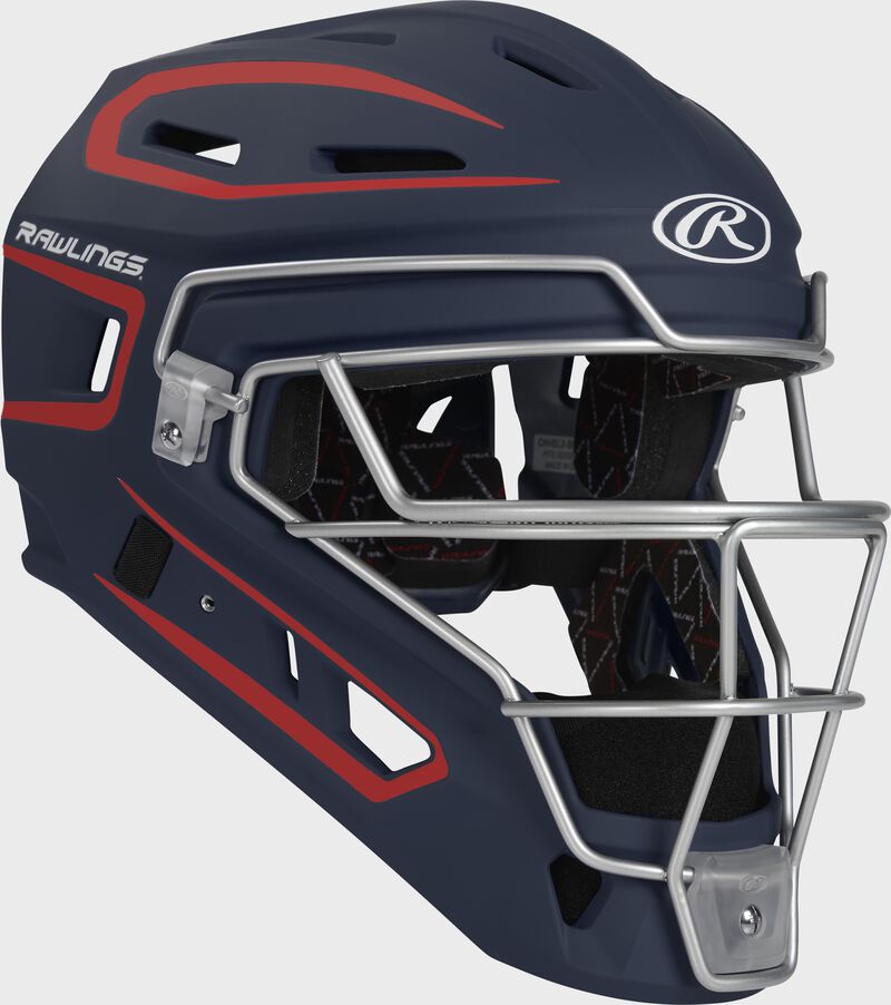 Front right of a navy/scarlet Velo 2.0 catcher's helmet