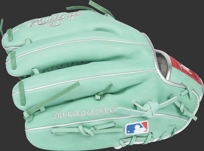 Finger backs of an ocean mint Marcus Stroman glove with the MLB logo on the pinkie - SKU: PROS206-MSO
