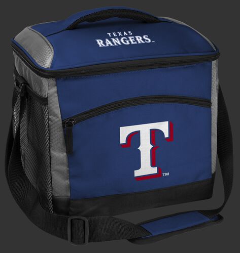 A blue Texas Rangers 24 can soft sided cooler with screen printed team logos - SKU: 10200022111