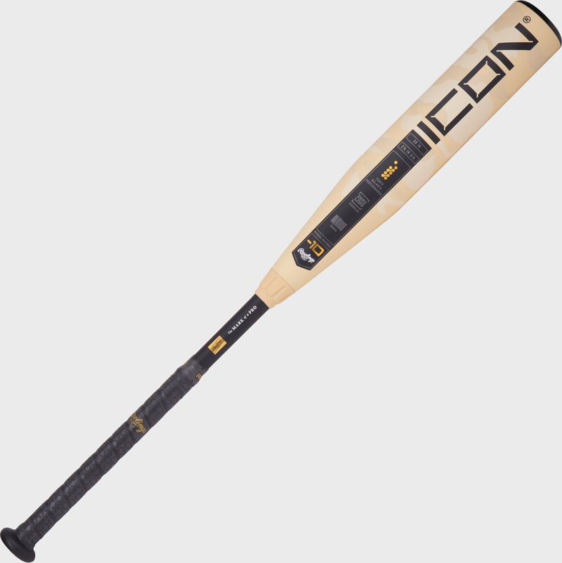A tan/black 2025 Rawlings Icon -10 USA Baseball bat with the Icon logo on the barrel