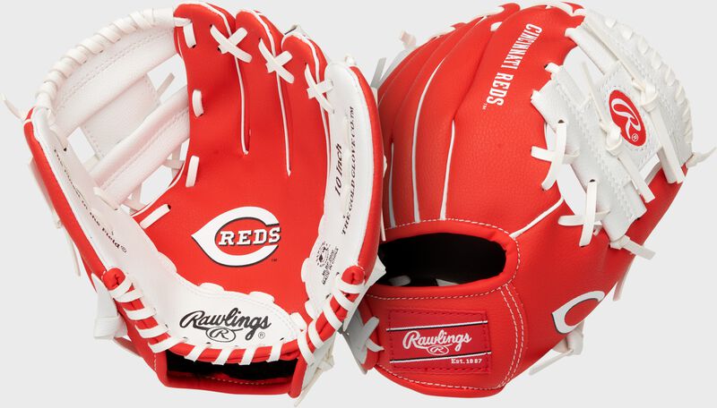 Two images showing the palm & back of a red Cincinnati Reds team logo youth glove