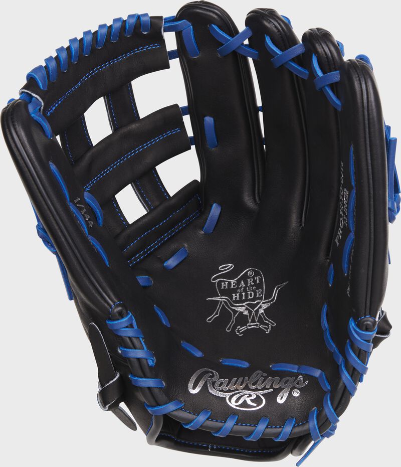 Black palm of a Rawlings Jason Heyward Gameday 57 glove with silver stamping and royal laces - SKU: RSGRPRO3030-6JH