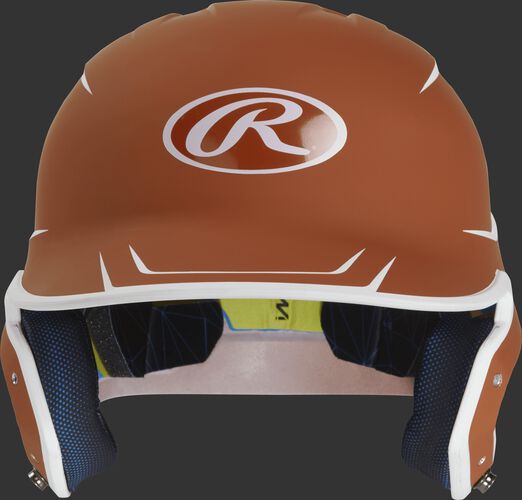 Front of a matte orange/white MACH Junior size batting helmet