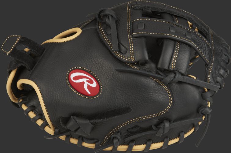 Thumb view of a black RSOCM33BCC Shut Out 33-inch fastpitch catcher's mitt with a black Modified H web
