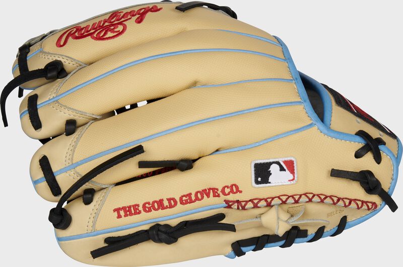 Camel Speed Shell back of an 11.5-Inch Pro Preferred infield/pitcher's glove with the MLB logo on the pinky - SKU: PROS204-4BSS