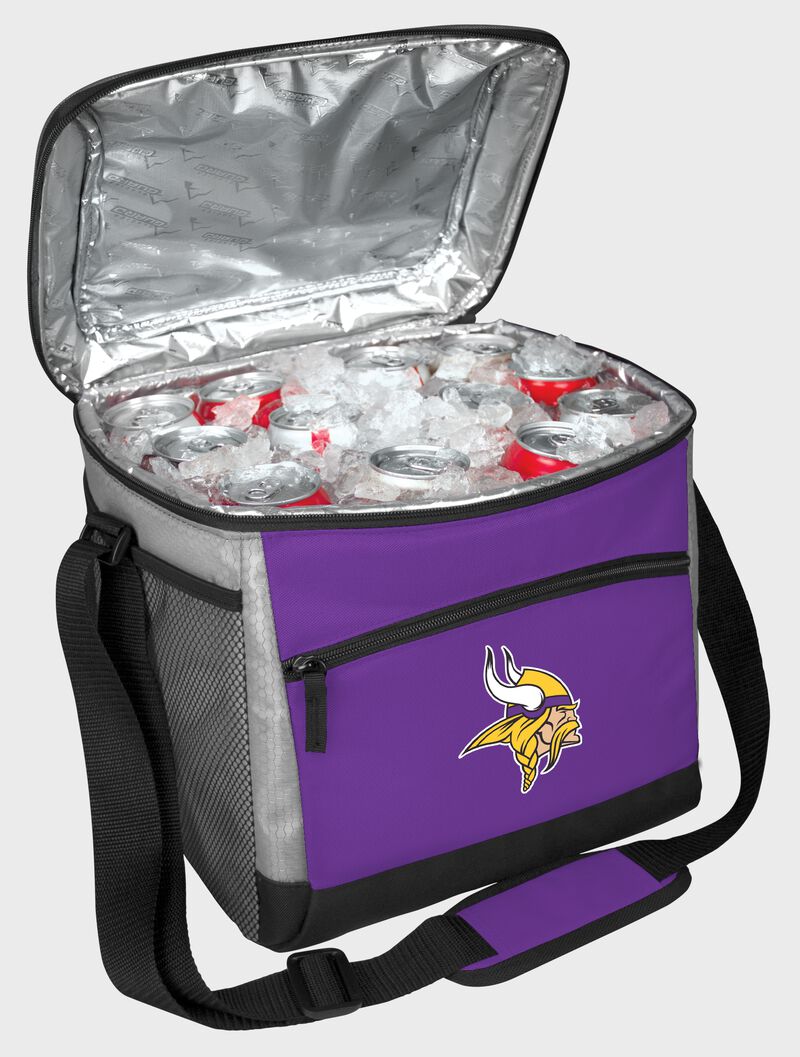 An open Minnesota Vikings 24 can cooler with ice and drinks