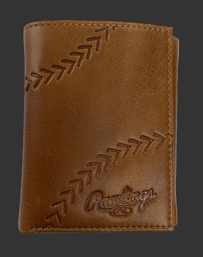 A tan Debossed stitch tri-fold wallet with baseball stitches and the Rawlings logo in the bottom right - SKU: RPW008-204