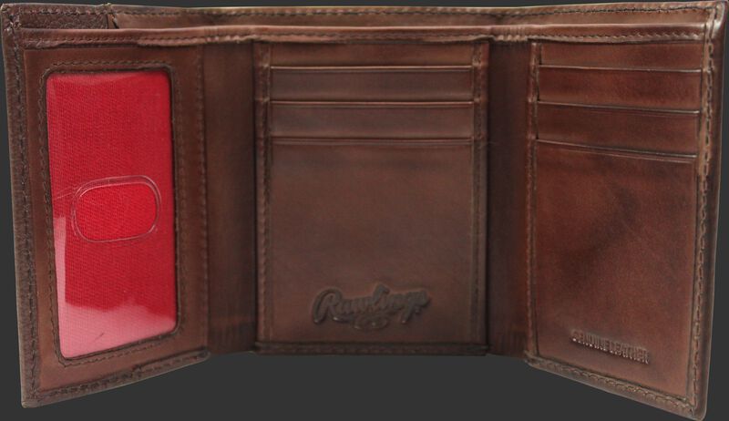 Inside of a brown RW80003-200 Rawlings tri-fold wallet with 6 credit card slots and clear ID window on the left