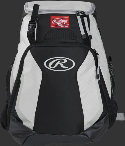 Front of a black/white R500 Rawlings Players team backpack with a Rawlings patch and white Oval R