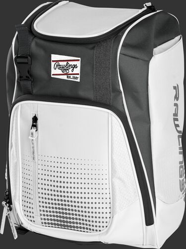 Front angle of a white Franchise backpack with gray accents and white Rawlings patch logo - SKU: FRANBP-W