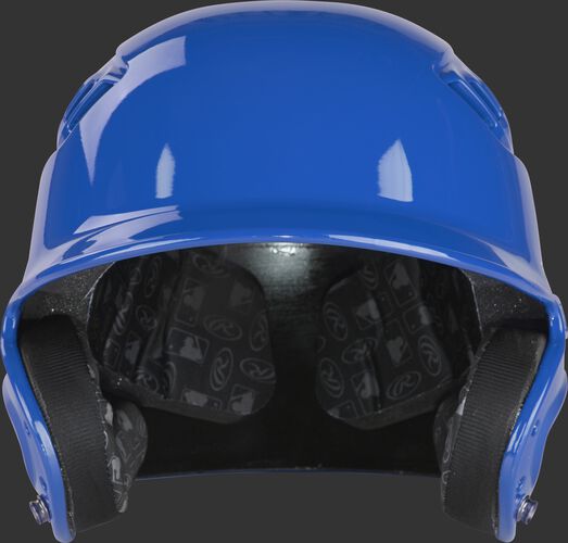 Front of a royal R1601 Rawlings Velo gloss batting helmet