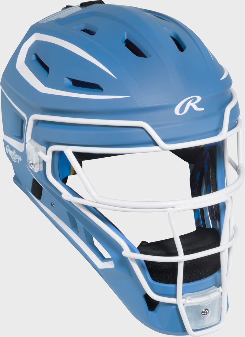 Front right of a Columbia blue Rawlings Mach Pro Series catcher's helmet loading=