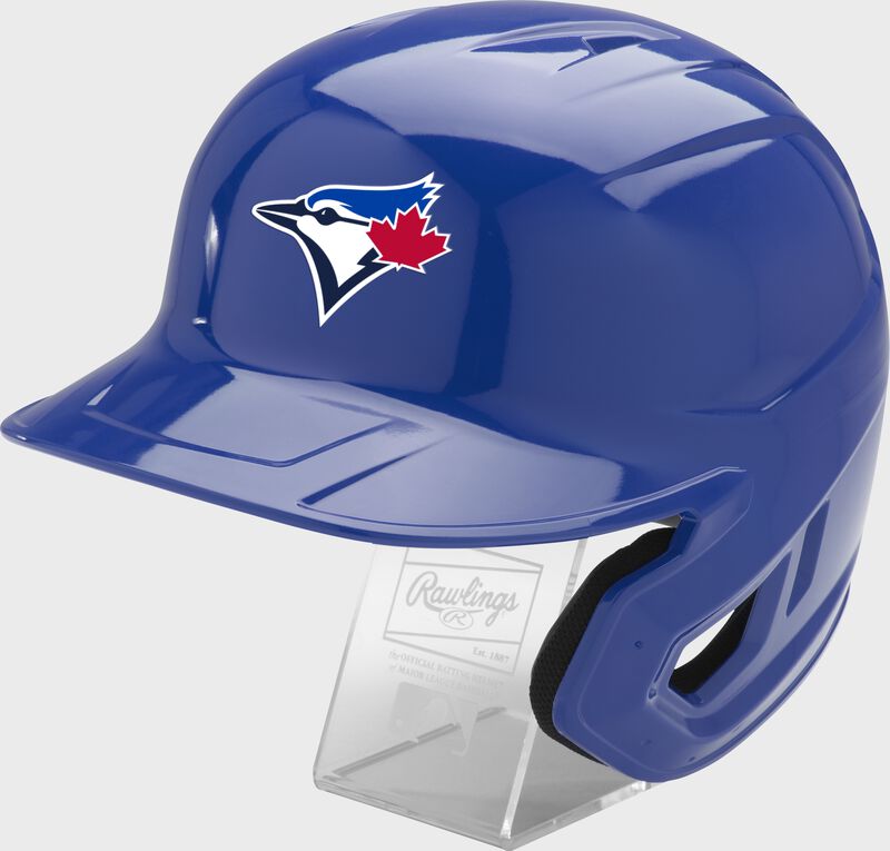 Front left of a blue Rawlings Toronto Blue Jays replica helmet - SKU: MLBMR-TOR