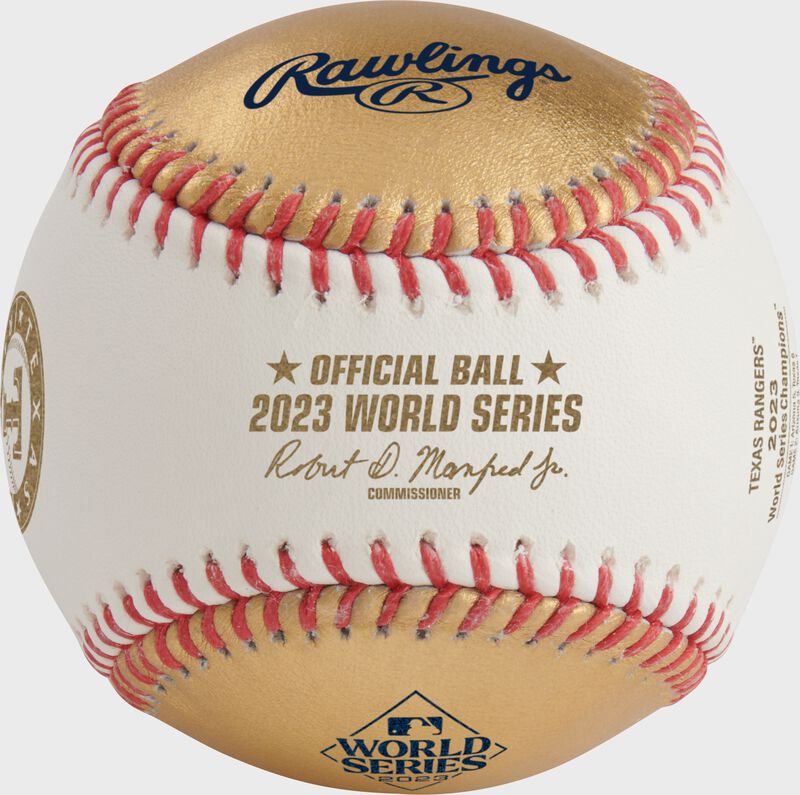 A gold/white 2023 Texas Rangers World Series Champions baseball