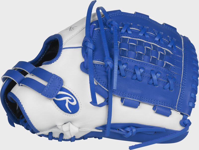 Thumb view of a white RLA125-18WR Liberty Advanced Color Series glove with royal trim and a royal Double-Laced Basket web
