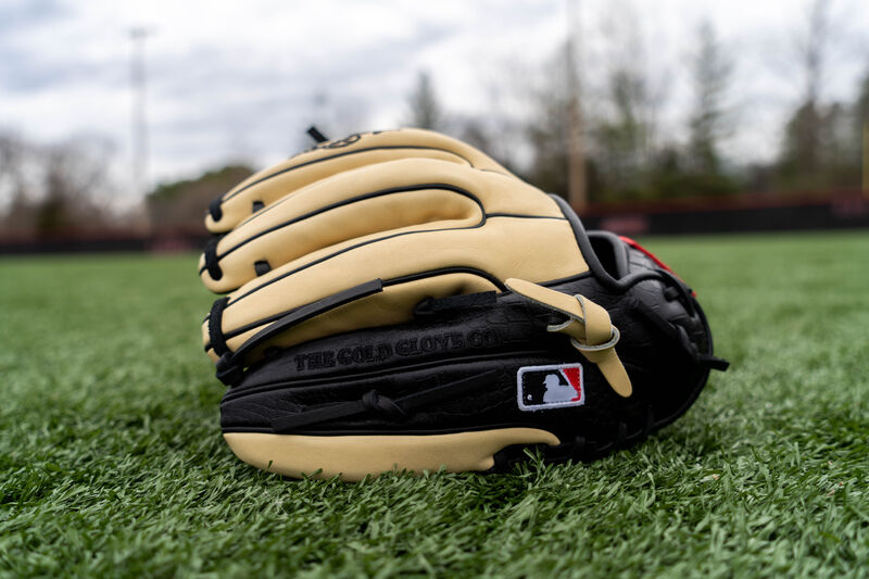 Croc embossed trim on a Heart of the Hide infield glove sitting on a field - SKU: PRO314-7BCC