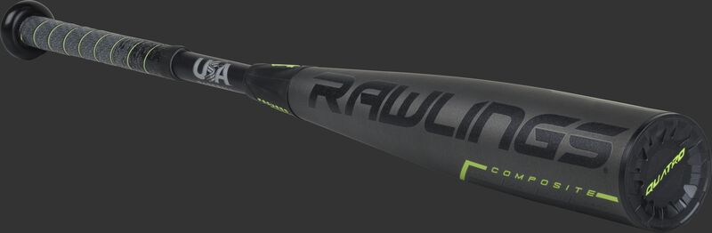 3/4 angle view of a US9Q8 -8 USA Rawlings Quatro Pro bat with a black/grey barrel and black end cap