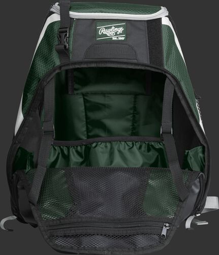 An open R500 Rawlings Players equipment backpack with dark green interior