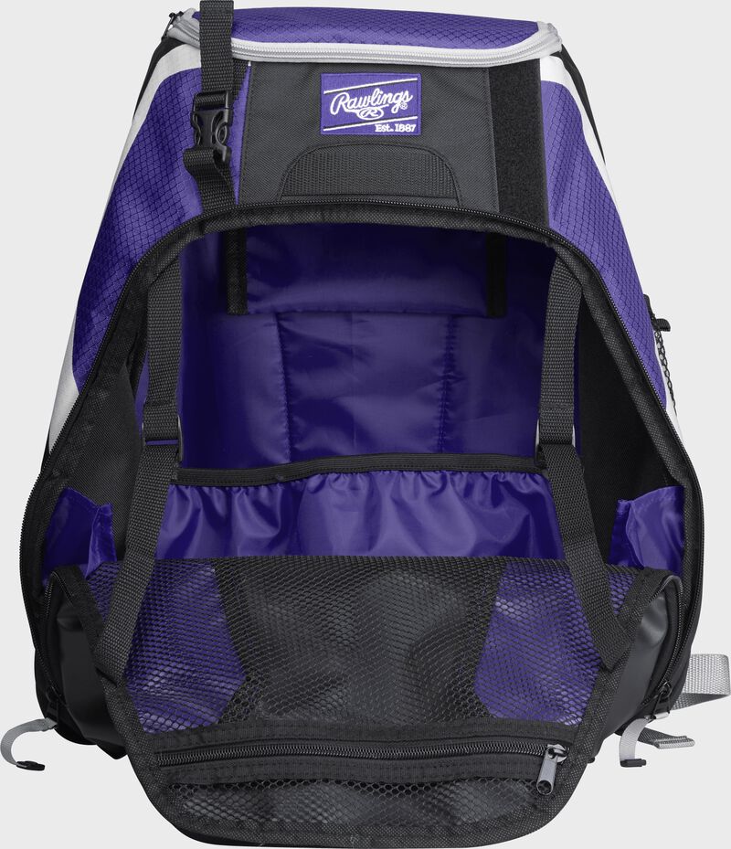 An open R500 Rawlings Players equipment backpack with purple interior