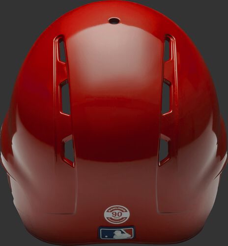 Back of a scarlet S90PA Rawlings Performance Rating helmet with back vents