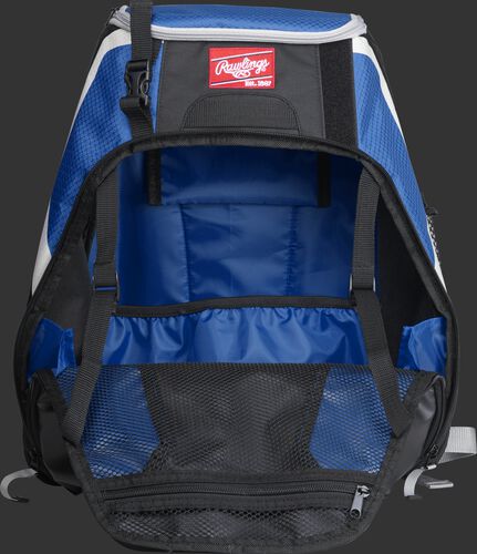 An open R500 Rawlings Players equipment backpack with royal interior
