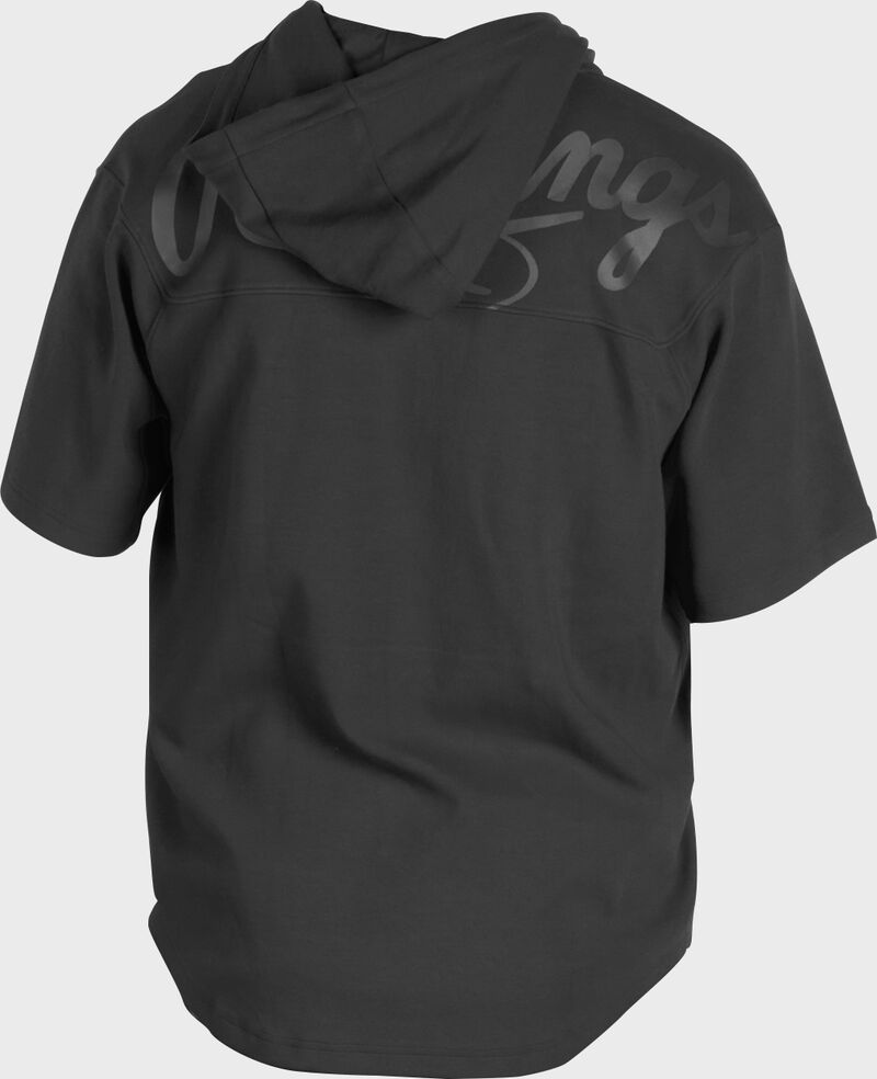 Back of a black Rawlings Gold Collection short sleeve hoodie with a black script Rawlings logo across the back - SKU: GJJ-B