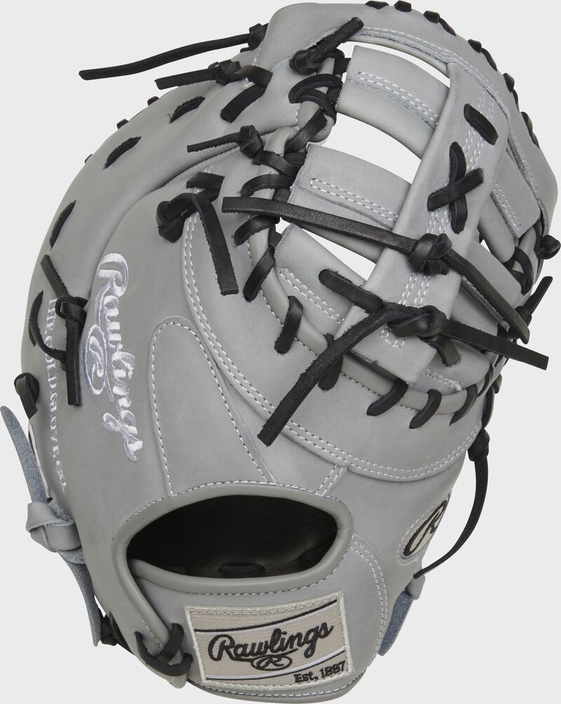 Gray back of a 12.25" Heart of the Hide R2G ContoUR fit 1st base mitt with a gray Rawlings patch - SKU: PRORDCTU-10G
