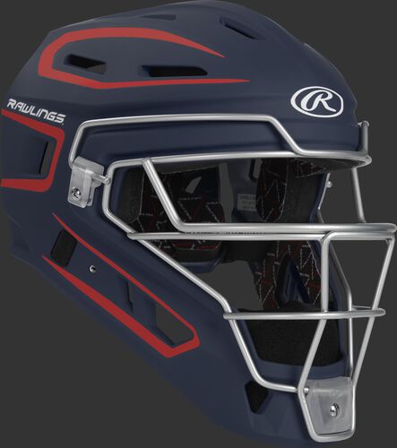 Front right of a navy/scarlet CHV27J Rawlings Velo 2.0 catcher's helmet