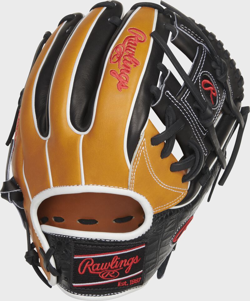 Back of a tan HOH ColorSync 6.0 I-web infield glove with a black Rawlings patch - SKU: PRO934-2T