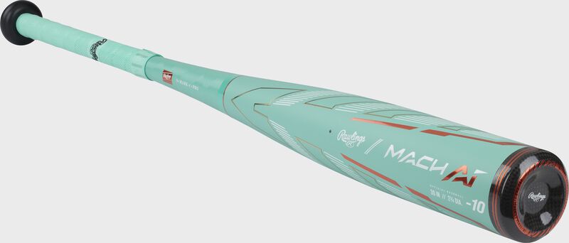 Front angle view of a mint Mach AI USSSA bat with a black end cap - SKU: RUT4MC