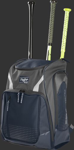 Angle view of a navy Legion baseball bat backpack with 3 bats in the back - SKU: LEGION-N