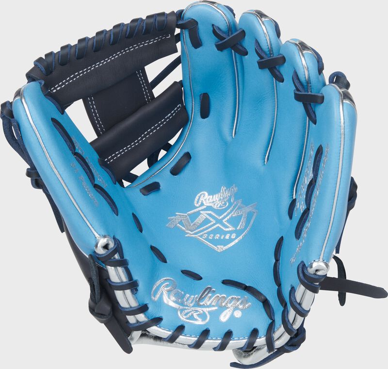 Columbia blue palm of a Rawlings NXT Series 11.25-Inch Infield Glove with silver stamping and navy laces loading=