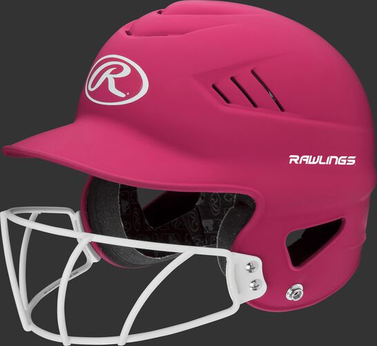 A pink RCFHLFG Coolflo batting helmet with a white facemask