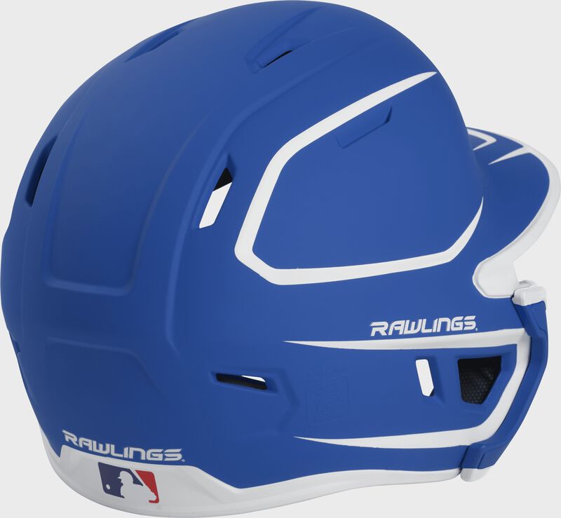 Back right of a two-tone matte royal/white MACHEXTR Rawlings junior size batting helmet