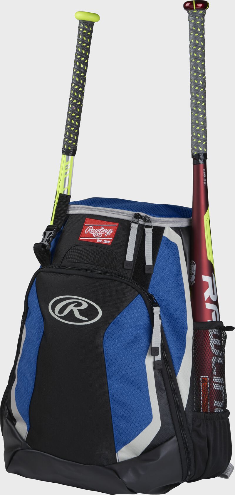 Left side of a black/royal R500 baseball backpack with a red bat in the side sleeve