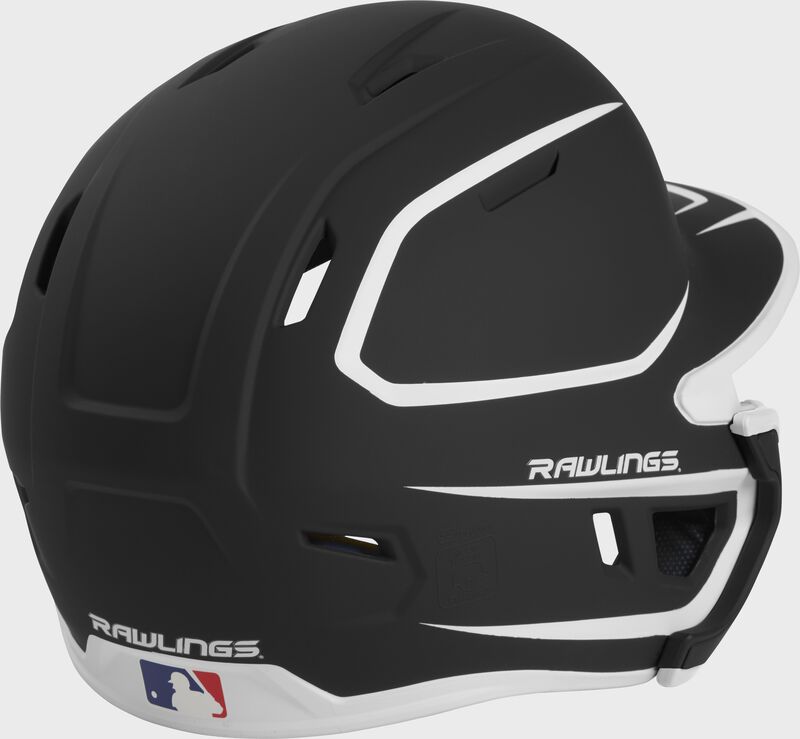Back right of a two-tone matte black/white MACHEXTR Rawlings junior size batting helmet