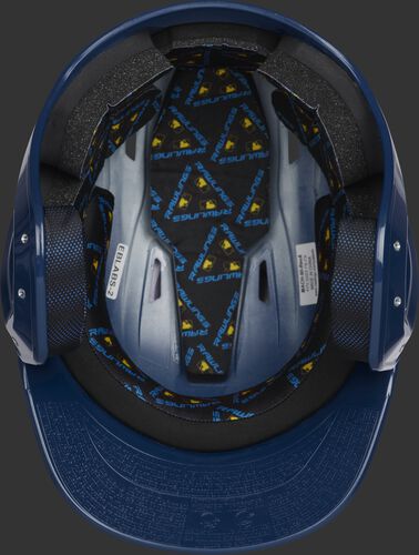 Inside of a navy MCH01A Mach batting helmet with black foam padding