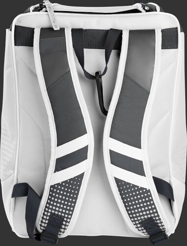 Back of a white Rawlings Franchise backpack with gray shoulder straps - SKU: FRANBP-W